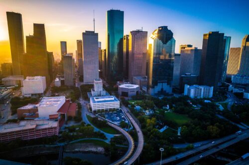 Houston cityscape in shadowed sunlight