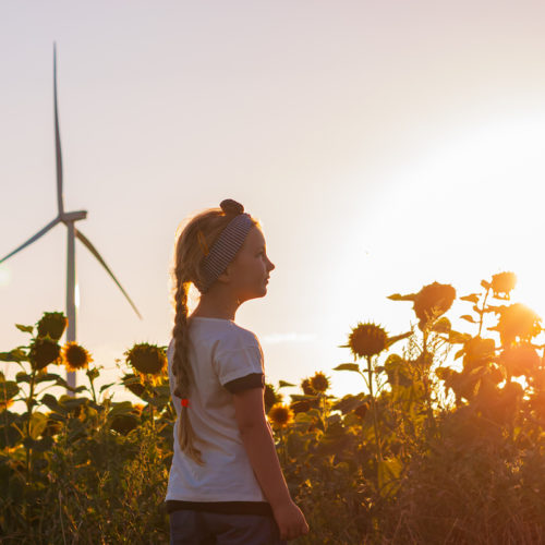 girl in front of sunflower field and wind turbine