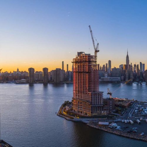 City with bay and skyscrapers