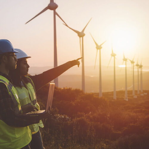 technicians standing near wind turbines
