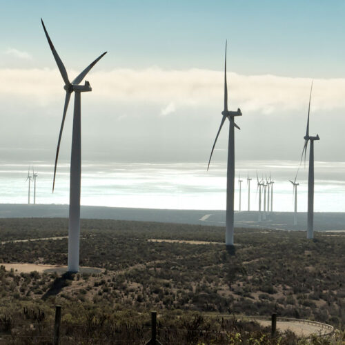wind turbines on hill overlooking water